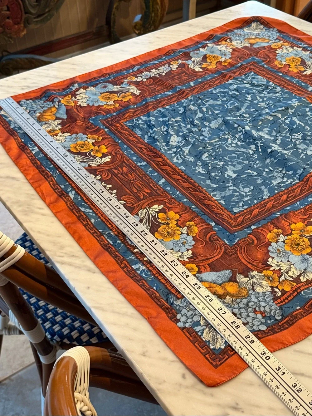MADE IN ITALY Floral Border Silk Square Scarf in Rust & Slate Blue 30x30